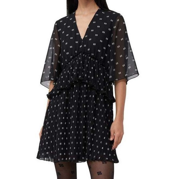 Ganni Dresses & Skirts - GANNI Black Pleated Georgette V Neck Flounce Mini Dress Short Sleeve EU38 US6